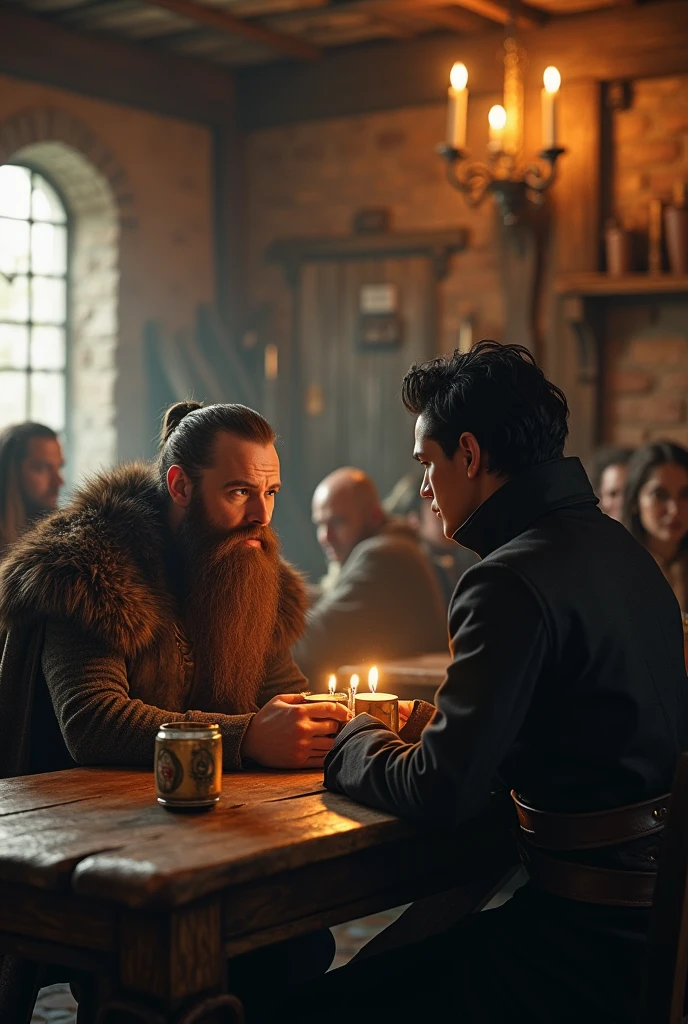 Dwarf prince of small stature, beard and brown hair wearing Viking clothes with an animal cape. Sitting with him in a tavern is an elf Mr Darcy, high, short hair and no beard in black clothes.