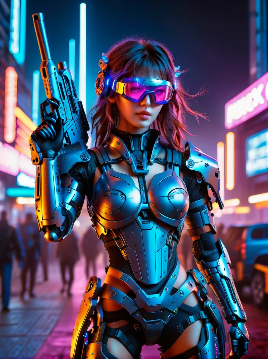 This is a detailed image of a fictional cyberpunk environment.，In the foreground，A beautiful girl mercenary standing，Fully dressed in futuristic high-tech armor with neon decorations，Holding a high-tech weapon in hand，Neon light metal battle armor，High-tech alloy mechanical combat shoes，Mercenary with serious face，Eyes hidden behind sleek goggles that gleam in the dim light，In the background，Complex urban landscape filled with neon lights and tall buildings，All the way to the horizon，Advanced technology contrasts with the rough urban atmosphere