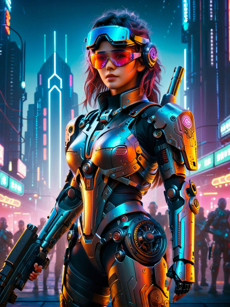 This is a detailed image of a fictional cyberpunk environment.，In the foreground，A beautiful girl mercenary standing，Fully dressed in futuristic high-tech armor with neon decorations，Holding a high-tech weapon in hand，Neon light metal battle armor，High-tech alloy mechanical combat shoes，Mercenary with serious face，Eyes hidden behind sleek goggles that gleam in the dim light，In the background，Complex urban landscape filled with neon lights and tall buildings，All the way to the horizon，Advanced technology contrasts with the rough urban atmosphere