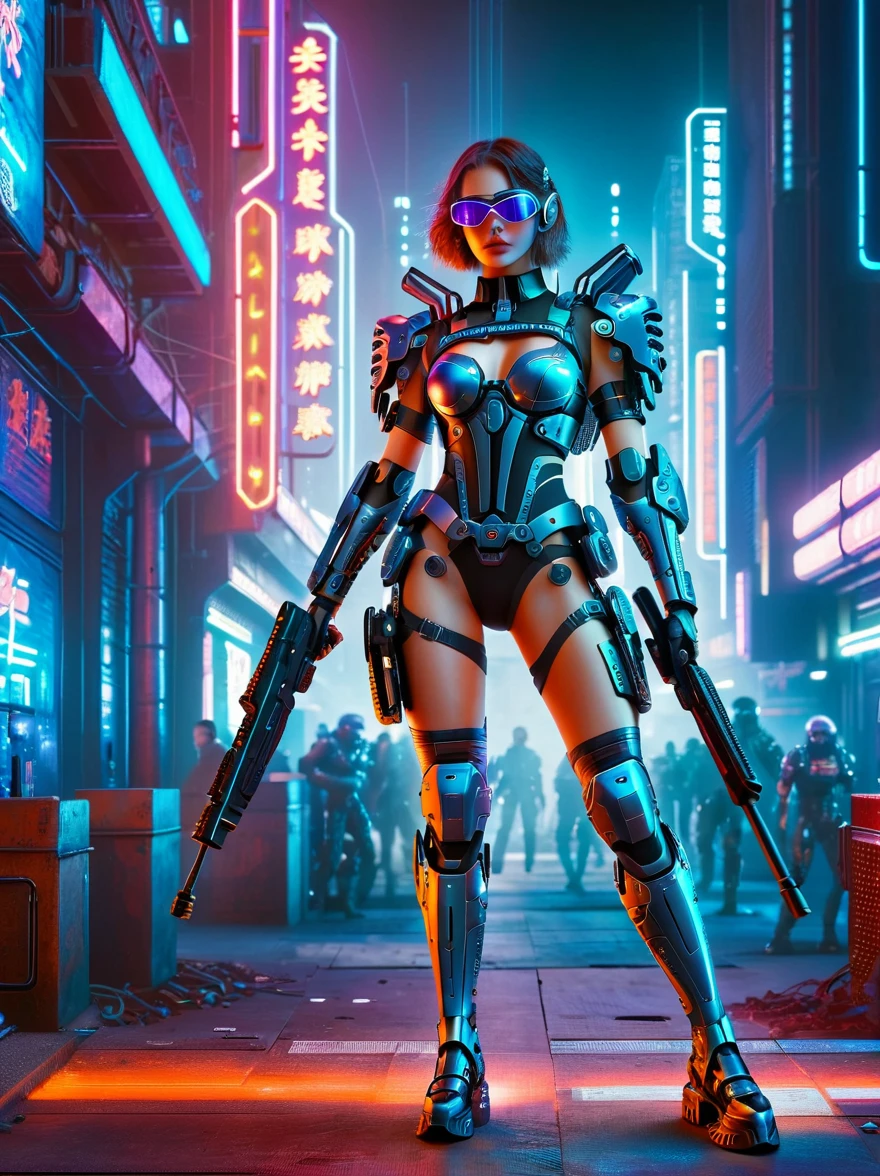 This is a detailed image of a fictional cyberpunk environment.，In the foreground，A beautiful girl mercenary standing，Fully dressed in futuristic high-tech armor with neon decorations，Holding a high-tech weapon in hand，Neon light metal battle armor，High-tech alloy mechanical combat shoes，Mercenary with serious face，Eyes hidden behind sleek goggles that gleam in the dim light，In the background，Complex urban landscape filled with neon lights and tall buildings，All the way to the horizon，Advanced technology contrasts with the rough urban atmosphere