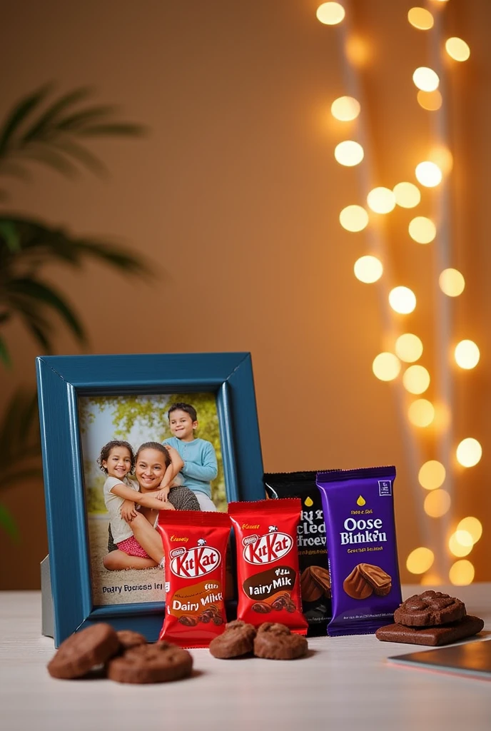 A combo box for birthday gift that's contains: 
2 pieces of KitKat chocolate 
2 pieces of Cadbury Dairy Milk 
1 piece of Amul Dark Chocolate 
A customized photo frame with fairy lights ( some pictures in photo frame)
A PVC birthday card
A Google castomized birthday gift card