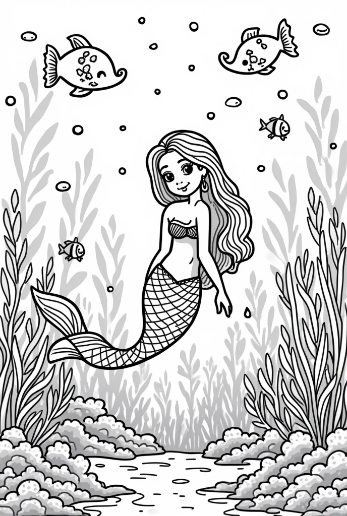 coloring book with cute pictures of the seabed and mermaids playing
