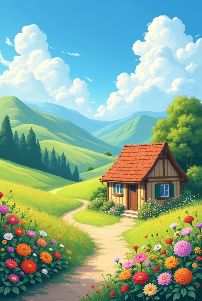 Painted landscape with a house and flowers simple to paint and draw