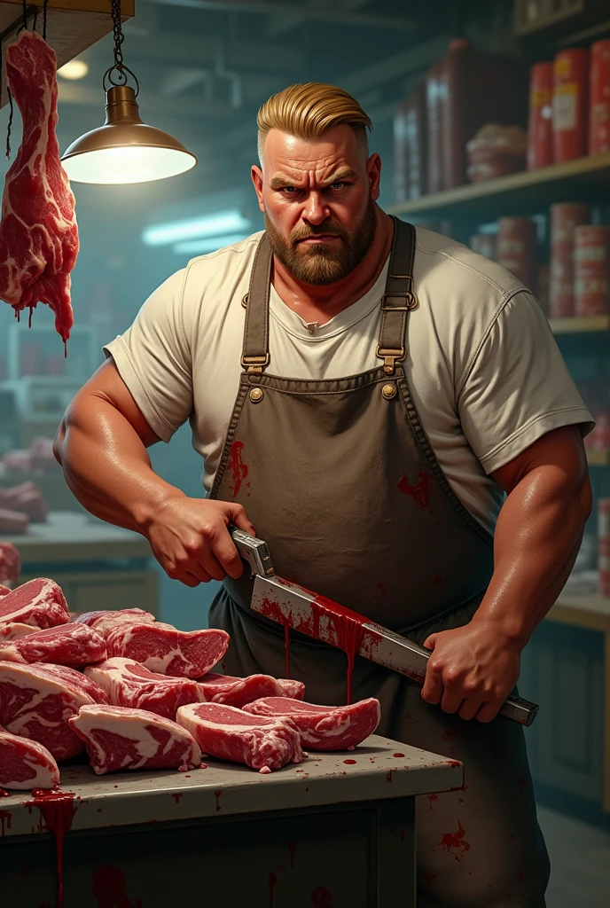 manwha + lean men + straight burnt blonde hair + Light brown eyes + fleshy lips + butcher's clothes + at the butcher's shop cutting meat at the mini market + Bad face + angry