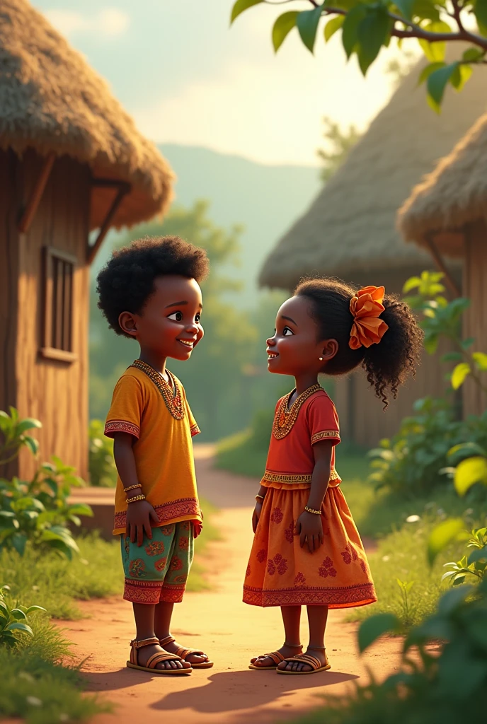 African boy and girl talking outside the house 