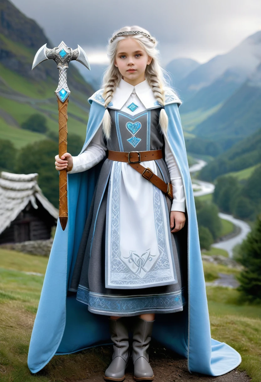 A beautiful photo of very young tween wearing a Norse style charcoal grey woolen gown with elegant pale azure blue princess style apron, runes of family, love, healing and protection are embroidered along it, with knee high stockings, white doeskin boots, and a beautiful cloak with silver white collar, has golden white hair. The hairstyle is elegant loose waves with a Dutch braided with a silver diamond circlet with a triforce gem, holding a magical axe, white leather magic bag, warrior princess, thick mountain morning mist, beautiful curvy girl, 12k, ancient Norse, octane render, perfect eyes, wide hips, large saggy chest, Norse mountain village 