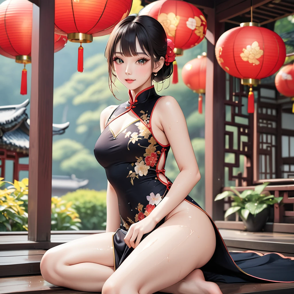 (masterpiece,Highest quality,Ultra-high resolution),Japanese women, (((Very beautiful 25 year old girl))), pretty girl、Look at the photographer、 ((Beautiful low ponytail)), Very cute face, Glossy Lips, Double eyelids on both eyes,Natural smile、 Natural Makeup, Long eyelashes, Shiny and smooth hair、Center image, Perfect limbs, Perfect Anatomy,(((China dress))),Wet with sweat,Background Blur,Spread your legs,