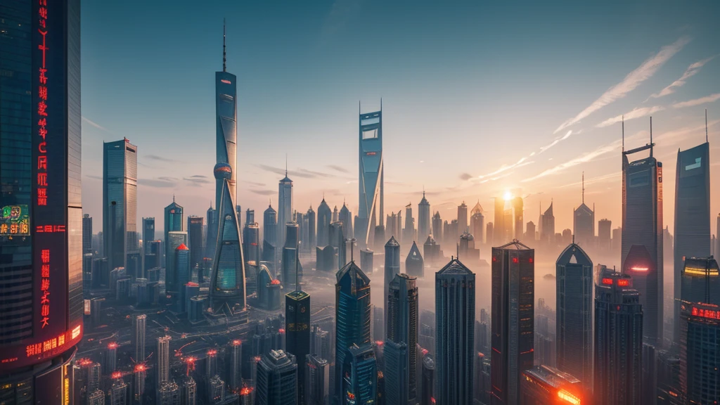 Create the image of Shanghai as a futuristic city, distopic, cyberpunk sunrise .in daytime, full of buildings of very stylized designs, 8k, bokeh, hyperrealistic, Long shutter style.