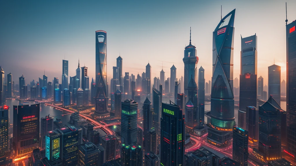 Create the image of Shanghai as a futuristic city, distopic, cyberpunk sunrise .in daytime, full of buildings of very stylized designs, 8k, bokeh, hyperrealistic, Long shutter style.