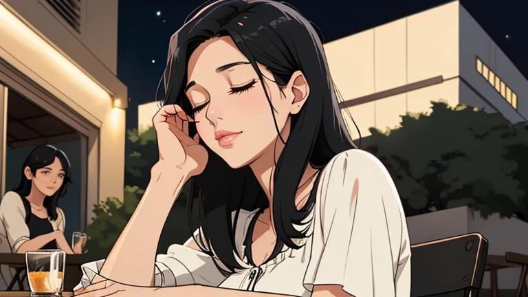 Beautiful woman in her 30s with black hair is sitting on the cafe terrace. Looking down, eyes closed, LOFI girl, alone in the room, blouse, relaxing mood, cozy, only five fingers, Well-proportioned face, Night Scenery, Her face is calm, She has nothing in her hands