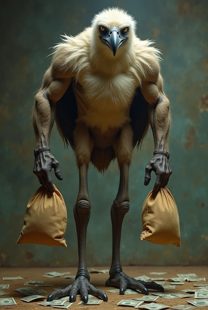 make a vulture with thin legs, and his muscular torso, with a giant chest and his huge arms, he is holding 2 bags full of money, the floor has a viscous .