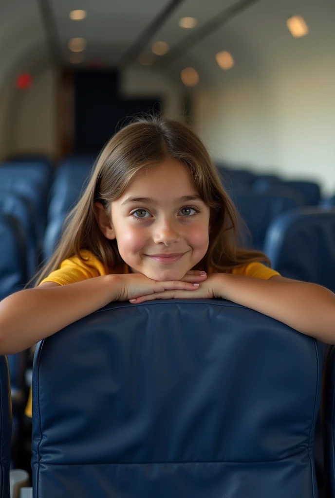 A girl leans out of her seat putting both hands on the seat looking forward