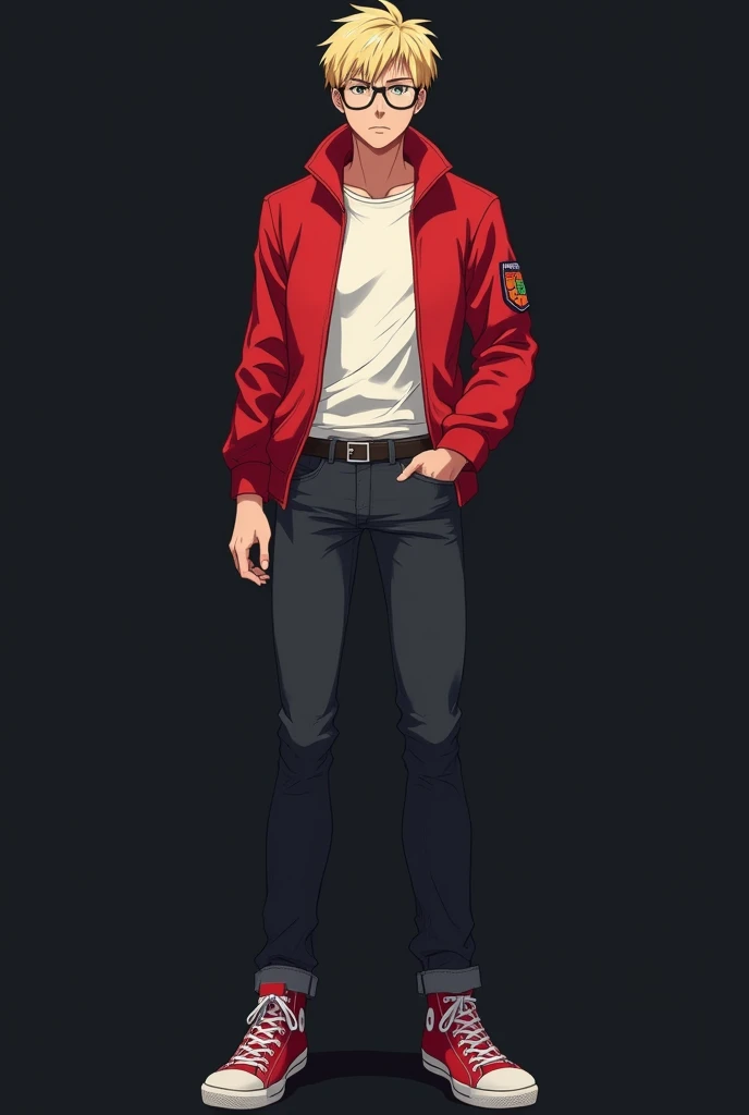 In the anime picture, the head to toes are still visible.、In dark color、He was slim and muscular and wore a red jacket.、Blonde glasses