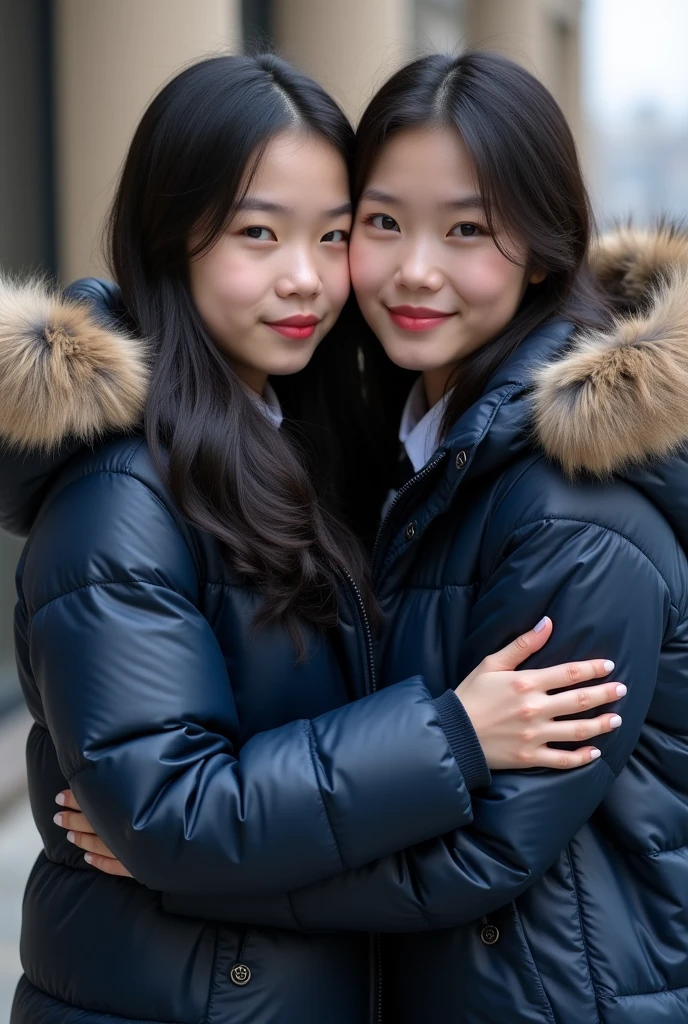 group of cute 16 year old Chinese woman,wearing a very large navy blue tight shiny puffer coat, thick eyebrows, photorealistic, masterpiece, moncler, fluffy fur hood, , wavy hair, large breasts, open coat, school uniform, white blouse, pleated skirt, hugging each other