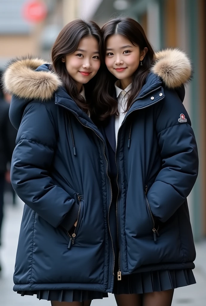 group of cute 16 year old Chinese woman,wearing a very large navy blue tight shiny puffer coat, thick eyebrows, photorealistic, masterpiece, moncler, fluffy fur hood, , wavy hair, large breasts, open coat, school uniform, white blouse, pleated skirt, hugging each other