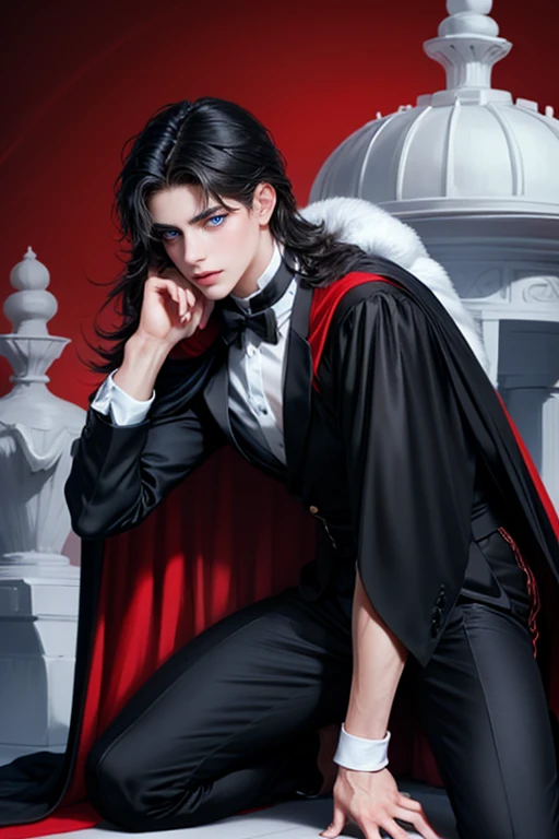 masterpiece, 最high quality, high quality, 1 boy, alone, Male focus, Watching the audience, Messy black hair, Adorable big blue eyes, White, Noble, Noble,A sexy, voluminous, puffy cape、tuxedo、A very voluminous, large, very large, very large, long, long red and black cape with a high stand-up collar, made of a lot of fabric that reaches down to the floor., ,Cute beautiful boys,Cute, cute, kind, handsome guy
