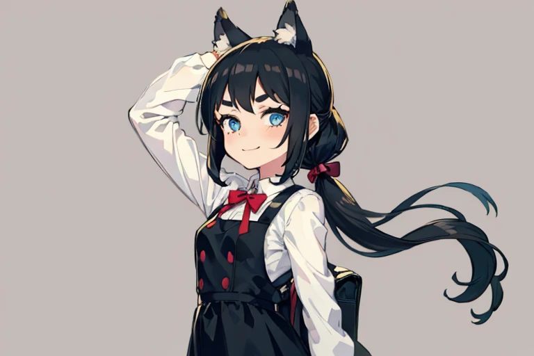 Young girl with black hair, long twintail, twintail hairstyle, (blue eyes), ((small bushy eyebrows)), (wolf ears up), wearing gothic ta, loliclothes, going to school, dull eyes, dull face, going to school, flirtatious smile, small and perky breasts,