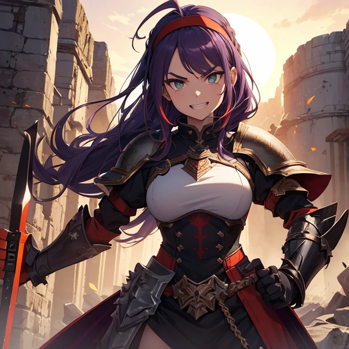 Absurdres, Masterpiece, anime, high quality, HD, best quality, perferct anatomy, simole background, cowboy shot, alone, front view
{{20 years old heroic paladin young woman: (dark purple long spiky hair tied on simple braid with white ribbon, dark purple ahoge, green eyes with black pupils, fair skin, sharp nose, sharp dark purple eyebrows),(white headband), red paladin draconic full steel armor, sharp red shoulder plates, red steel cuirass, red steel belly armor, red steel arm plates, red steel gauntlets, red steel elbow plates, red steel hip armor, red steel long boots),(defiant expression, funny smile, open mouth clenching teeth, comedic cheerful demeanor, ready to fight holding a very long dragon bone white sword),(pale orange sky, sunny day with pale orange sky, white sun in the sky, black stone ruins, rocks and crystal spikes all around)}}