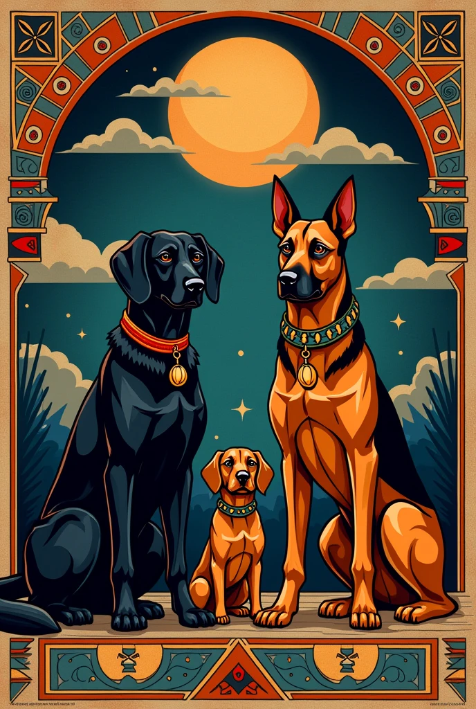 A picture of 1 medium sized male black cocker spaniel, 1 female German Shepherd brown with black, 1 small brown cocker spaniel, 1 large female doberman, Make it like Mictlan, very pre-Hispanic For tattoo