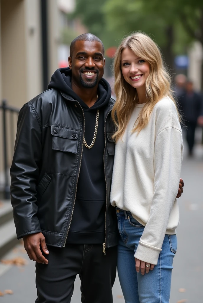 Kanye West smiling taking a photo next to Taylor Swift in normal clothes