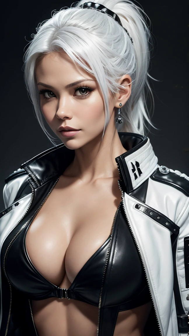 Cute punk scull, 36k, portrait Vanessa Lachey, (WHITE HAIR TIED IN PONYTAIL),, FRONT OPEN BOMBARDIER LEATHER jacket,CAN SEE CLEAVAGE WEARING ONLY JACKET OPEN IN FRONT NO SHIRT renaissance, cables on her body, hyper realistic style, oil painting, fantasy by olga fedorova