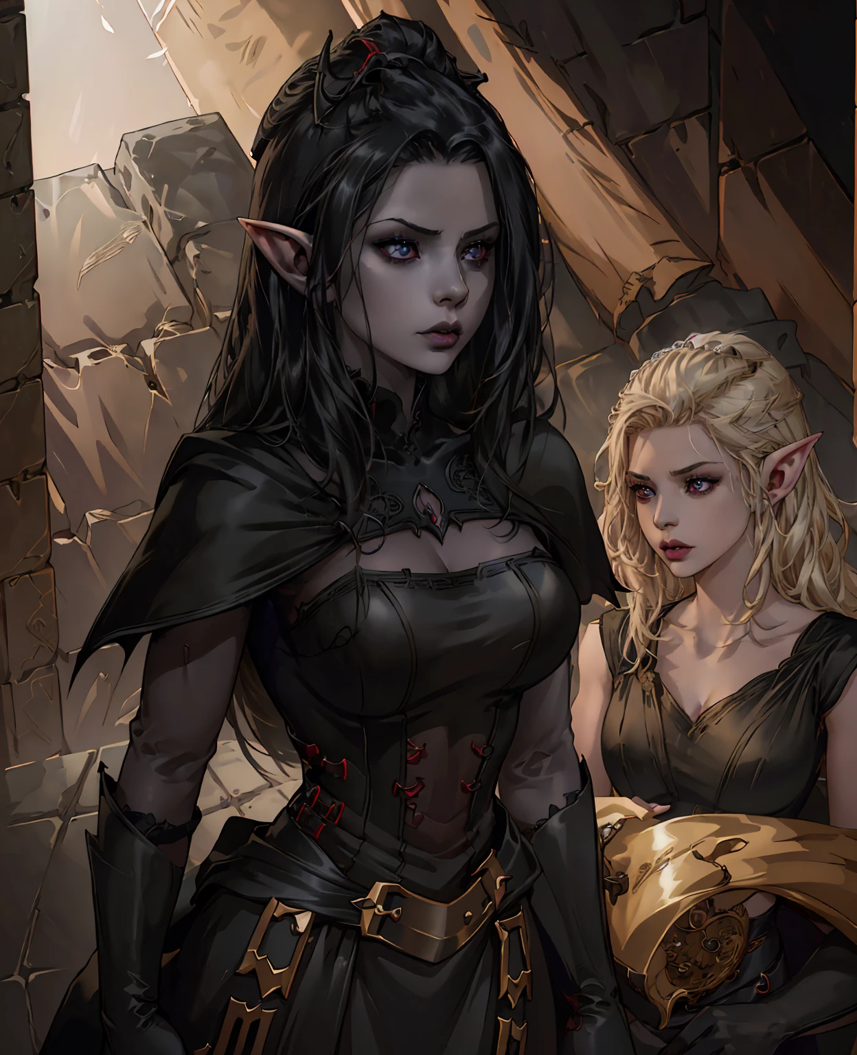 a devilish woman with long black hair,pale porcelain skin,intense red eyes,(elaborate elf-like costume:1.2),in a dark and mysterious fantasy setting,(dramatic chiaroscuro lighting:1.3),(best quality,8k,photorealistic,highly detailed:1.5),(cinematic composition,dramatic atmosphere:1.25),dark moody colors,gothichorror,ethereal,haunting
