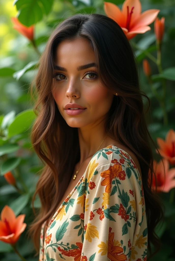 A Brazilian woman in a lush tropical garden, wearing an open shirt with a floral print, with a close-up capturing the harmonious beauty between her breasts and the natural flowers, showing off your natural charm and outgoing personality.