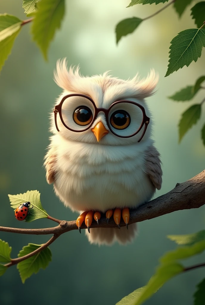 A happy owl with smoky features wearing glasses sitting fully on a thin tree branch with leaves and a small ladybug on one of the leaves 