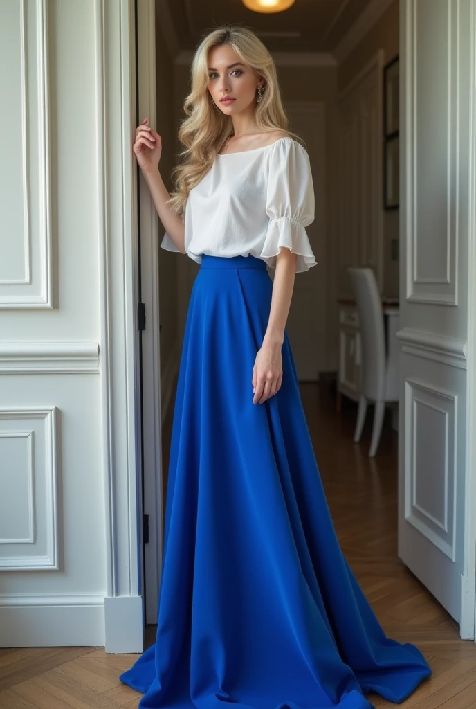 best quality,masterpiece,Ultra-high resolution,(actual:1.4),original photo,Ultra-high resolution,8k,woman,A head of waist-length hair.clear hair.White skin,Sophisticated makeup,royal blue skirt:1.5. High heel,long legs,bright and beautiful,