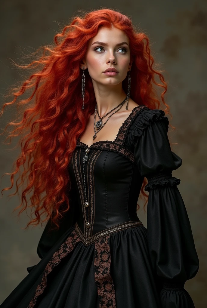 Kizi, black, redheadwear, long hair, curly hair, Youngh, fly away, pretty, medieval clothing, Kizi black medieval, Kizi redheadwear, curls