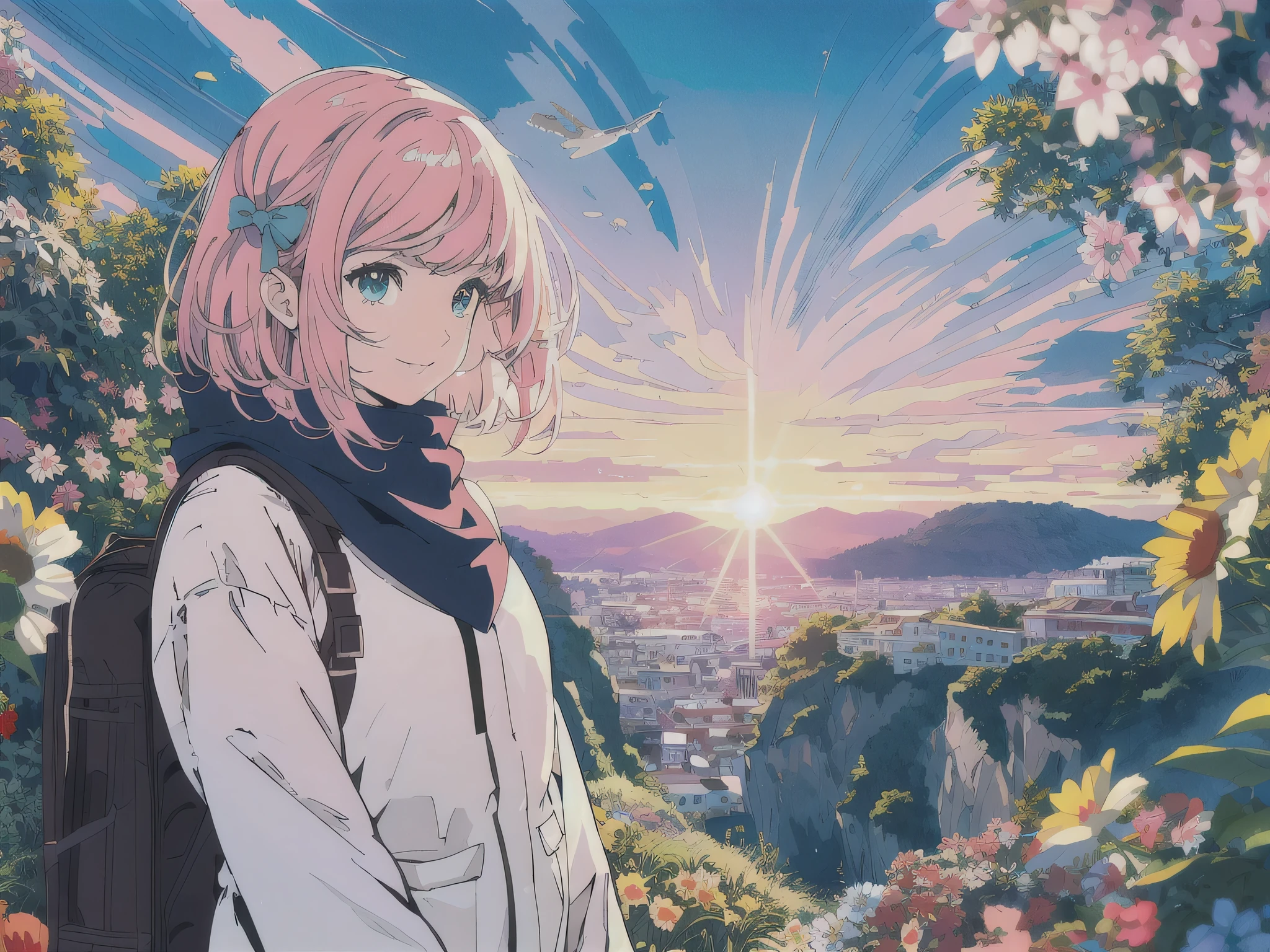 Stable Diffusion prompt: anime female girl traveler,illustration or 3D rendering,adventurous spirit,cute detailed eyes and face,vibrant colors,soft lighting,best quality,HD,content smile,journey,suitcase,pink hair,bow,exploring,beautiful detailed lips,stylish clothes,wandering in a scenic landscape,fantasy elements,,expressive pose,close up picture of the face, focus on face, sunset palette,peaceful atmosphere,natural beauty,mystical charm,sparkling eyes,travel diary,open road,positive energy,curious gaze,lively personality,excitement,inspiring textures,sunlit path,magical moments,blissful enjoyment,dreamlike aura.
(Please do not include the "Stable Diffusion prompt:" part when using the prompt)