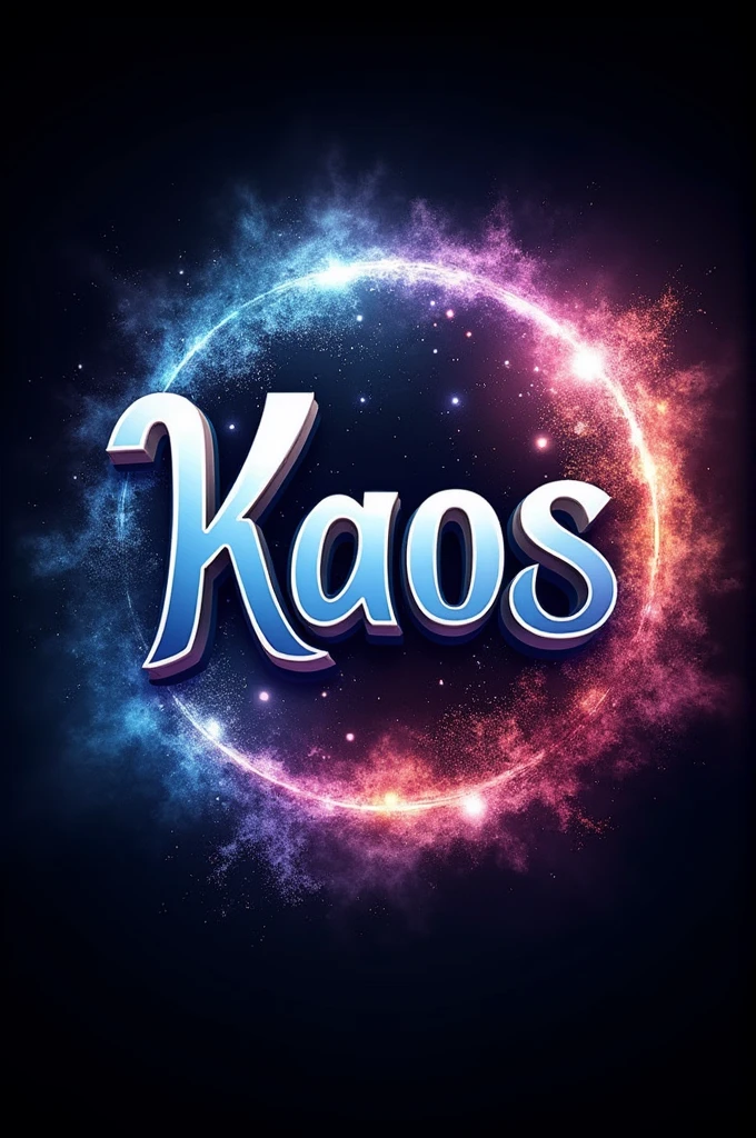 Create a circular logo with the word Kaos in white and the letters in curved shapes and a 3D galaxy explosion on the back