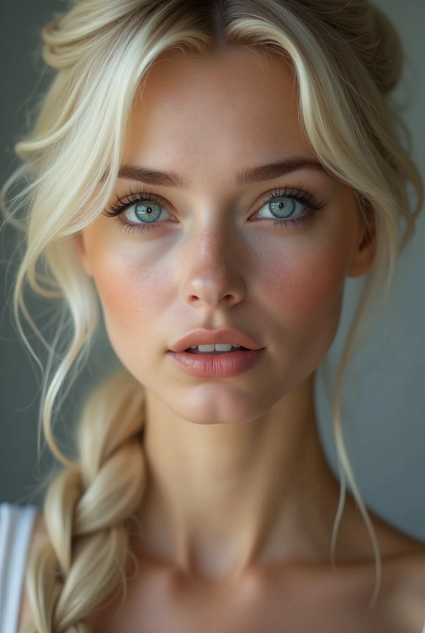 close up in the face
[close up of the face] masterpiece, Best Quality, super rendering, anatomically correct, textured skin, super detail, high details, high quality, award winning, best quality, high resolution, 16k, 8k High Detail Face, full body shot, 1girl, Solo, 10's Beautiful German girl, long Platinum blonde hair tied in the back bonded , Single braided, Blue eyes, skin details, skin pores, very slim breasts,  perfect hands, natural breasts, wide hips. --Sexy body --Prominent bare breasts --Detailing, full body, a lot of femininity, tempting, Dazzling, sensual pose, muse, shallow depth of field, sharp focus, flat lighting, photo realistic, best whitened teeth, gentle friendly expression 