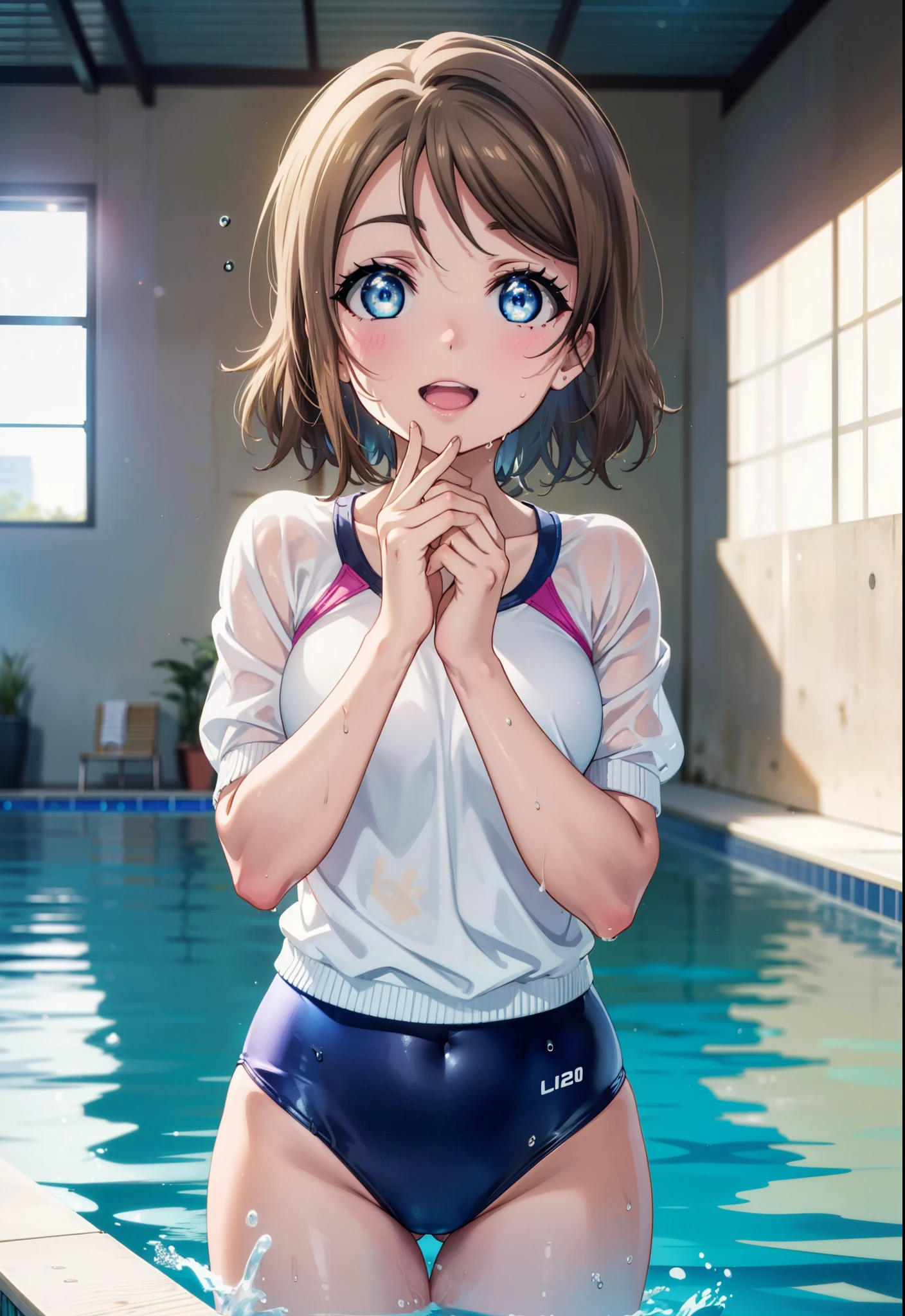 Yo Watanabe, Watanabe Yo, short hair, blue eyes, Brown Hair, smile, Open your mouth,tooth,Swimsuit,Wet swimsuit,Wet Skin,Wet Hair,Are standing,So that the whole body goes into the illustration,
break indoors, Indoor swimming pool,
break looking at viewer,Upper Body, (Cowboy Shot:1.5),
break (masterpiece:1.2), Highest quality, High resolution, unity 8k wallpaper, (figure:0.8), (Beautiful attention to detail:1.6), Highly detailed face, Perfect lighting, Highly detailed CG, (Perfect hands, Perfect ),