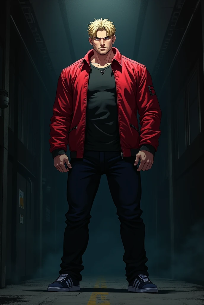 In the anime picture, the head to toes are still visible.、In dark color、He was muscular and wore a red jacket.、Blonde