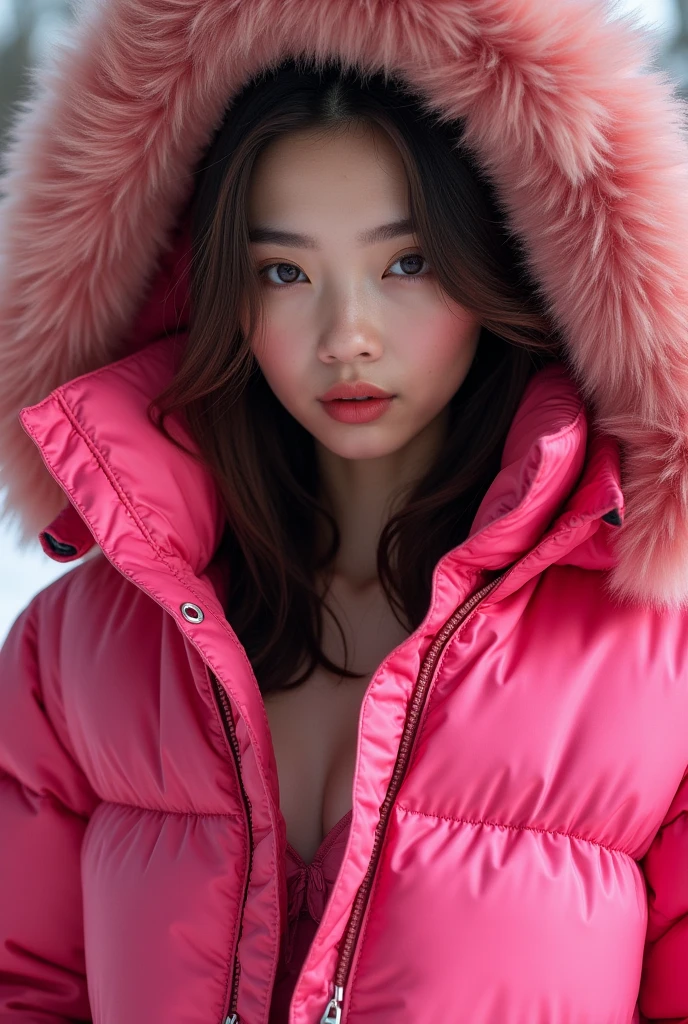 cute 16 year old Chinese woman,wearing a very large tight hot pink shiny puffer coat, thick eyebrows, photorealistic, masterpiece, moncler, fluffy fur hood, , wavy hair, large breasts, silk bra, open coat, extreme close up, face focus, exceptionally detailed face