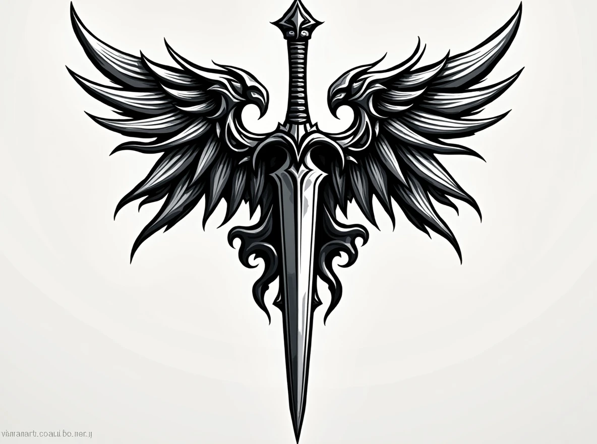 replace sword with two daggers forming an 'A', double daggers instead of sword, daggers shaped as the letter A, ornate daggers, sharp and detailed blades, dagger handles with intricate designs, detailed wings, bird-like wings with intricate feathers,
