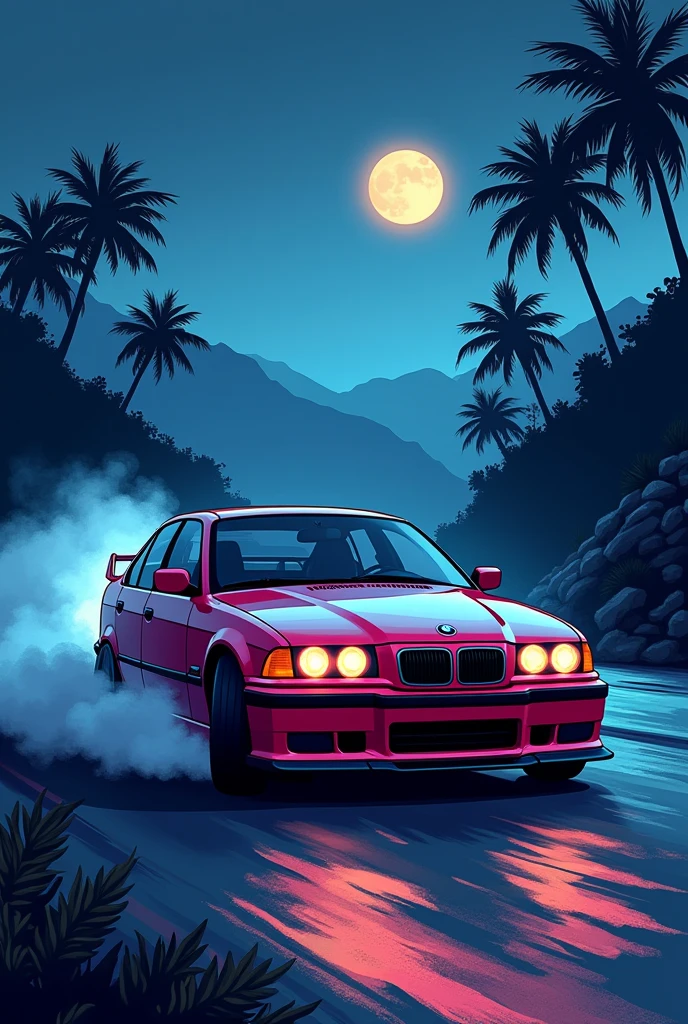 sticker design, bmw e36 car, night background, palm trees, 5 layers colors, drifting in mountain road, smoke from tyres