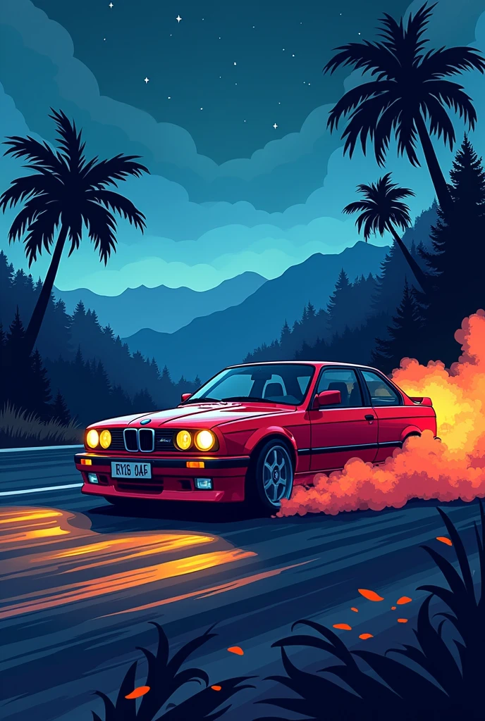 sticker design, bmw e36 car, night background, palm trees, 5 layers colors, drifting in mountain road, smoke from tyres