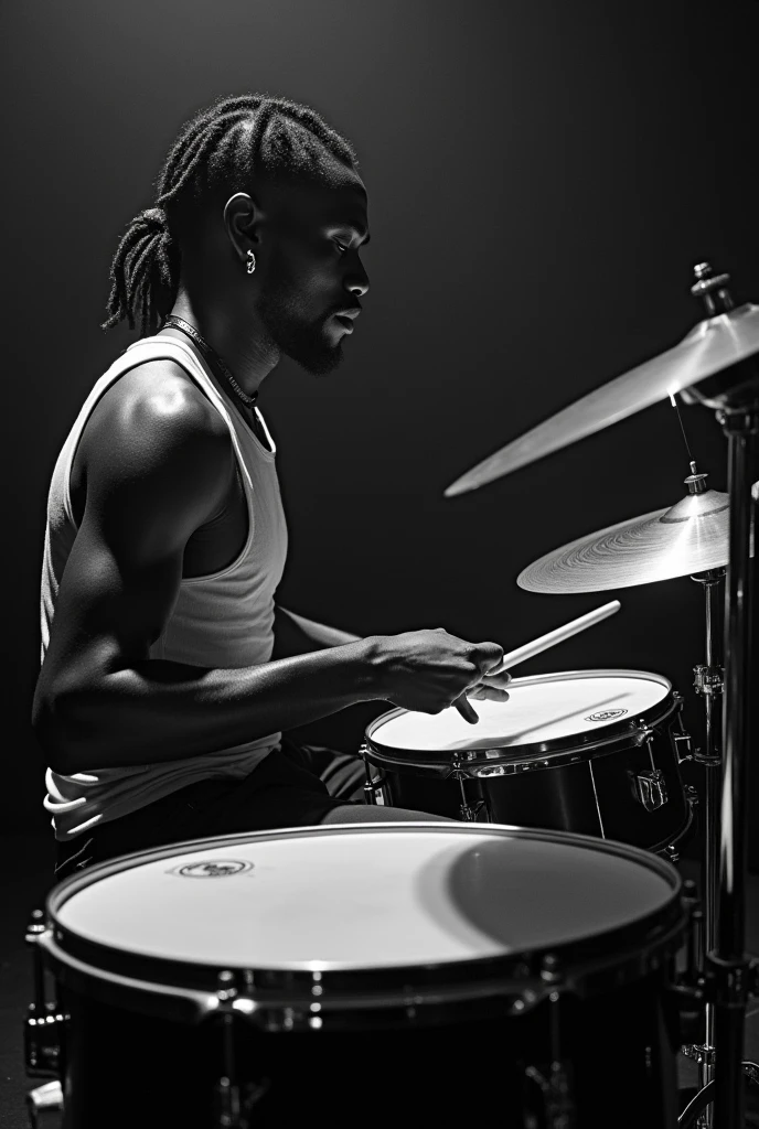 (photorealism:1.2), lukaku playing drums in black and white