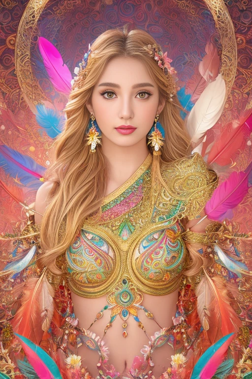 A girl with small breasts, bare shoulders, golden hair, colored feathers, metal ornaments, colored flowers, particles, light rayasterpiece, top quality, best quality, official art, beautiful and aesthetic:1.2), (1girl:1.3), extremely detailed,(fractal art:1.1),(colorful:1.1)(flowers:1.3),highest detailed,(zentangle:1.2), (dynamic pose), (abstract background:1.3), (shiny skin), (many colors :1.4), ,(earrings:1.4), (feathers:1.4)