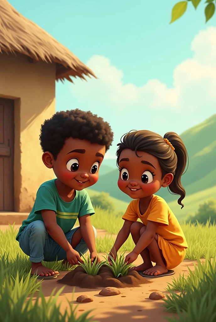 African boy and girl planting grass outside the house
