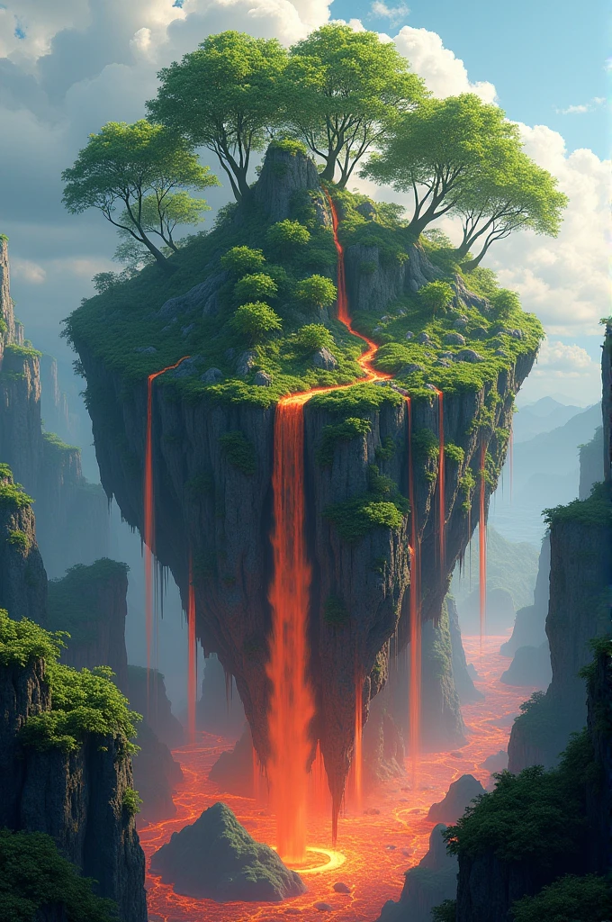 An exquisite vegetation of tree and rivers water fall from a mountain all on an island floating on a sea of lava