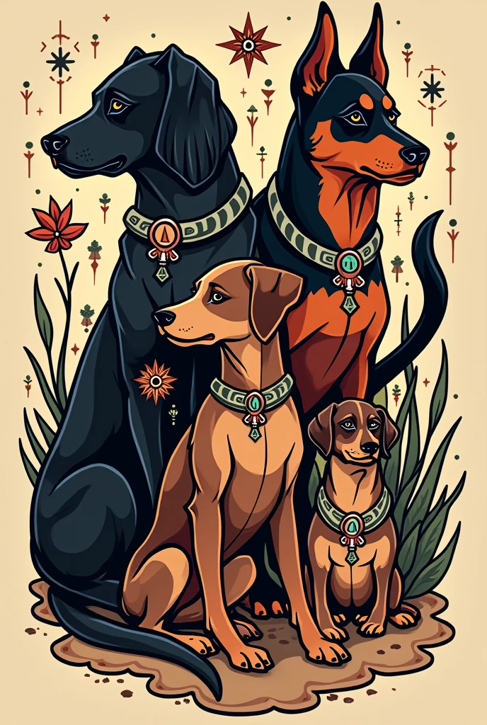 A picture of 1 medium sized male black cocker spaniel, 1 female German Shepherd brown with black, 1 small brown cocker spaniel, 1 doberman grande, Make it like Mictlan, very pre-Hispanic For tattoo