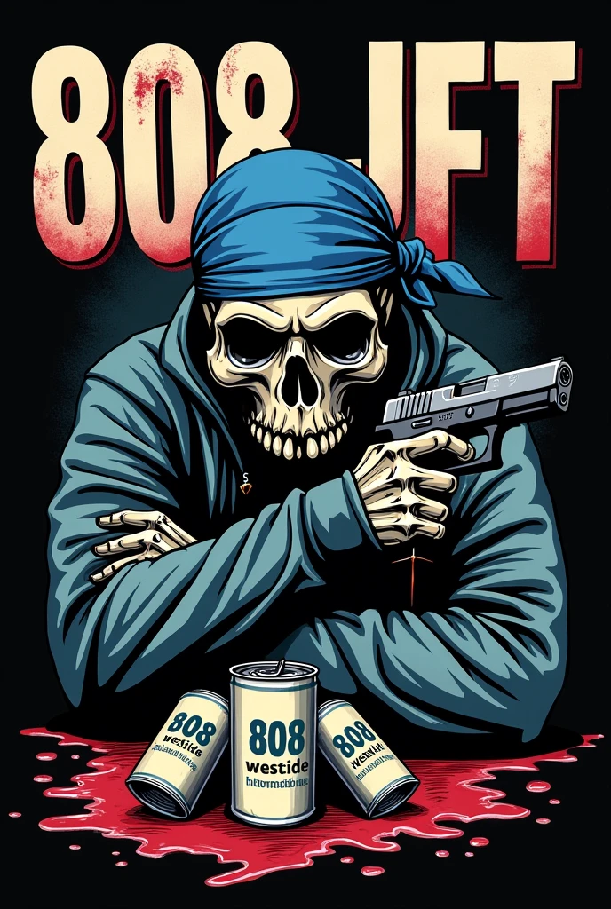 A word art image of  dimensions 1024×576 pixels using the word" 808_JFT"  with a skull Wrapping a blue bandana on its head while holding a glock on it's right hand,blood and drugs pills, 3 cans labelled _808.westside_ scattered bellow the art name as it's background and the skull showing the skillibengs'  hand signs on it's left hand