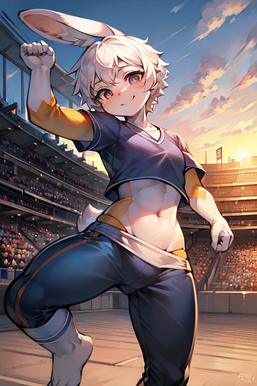 masterpiece,best quality,super detailed,super fine illustration,8k,(fullface brasched:1.3),masterpiece,best quality,dynamic angle,detailed background,BREAK perfect face,perfect legs,perfect hands,BREAK (sports uniform:1.2),(sports pants:1.2),BREAK soccer player BREAK soccer field,soccer stadium,sunset,detailed background,beautiful background,BREAK she is playing soccer.BREAK (white rabbit years:1.2),rabbit girl,short hair,girl,Small breasts,white hair,cheerful smile,