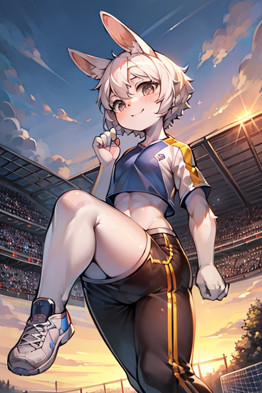 masterpiece,best quality,super detailed,super fine illustration,8k,(fullface brasched:1.3),masterpiece,best quality,dynamic angle,detailed background,BREAK perfect face,perfect legs,perfect hands,BREAK (sports uniform:1.2),(sports pants:1.2),BREAK soccer player BREAK soccer field,soccer stadium,sunset,detailed background,beautiful background,BREAK she is playing soccer.BREAK (white rabbit years:1.2),rabbit girl,short hair,girl,Small breasts,white hair,cheerful smile,