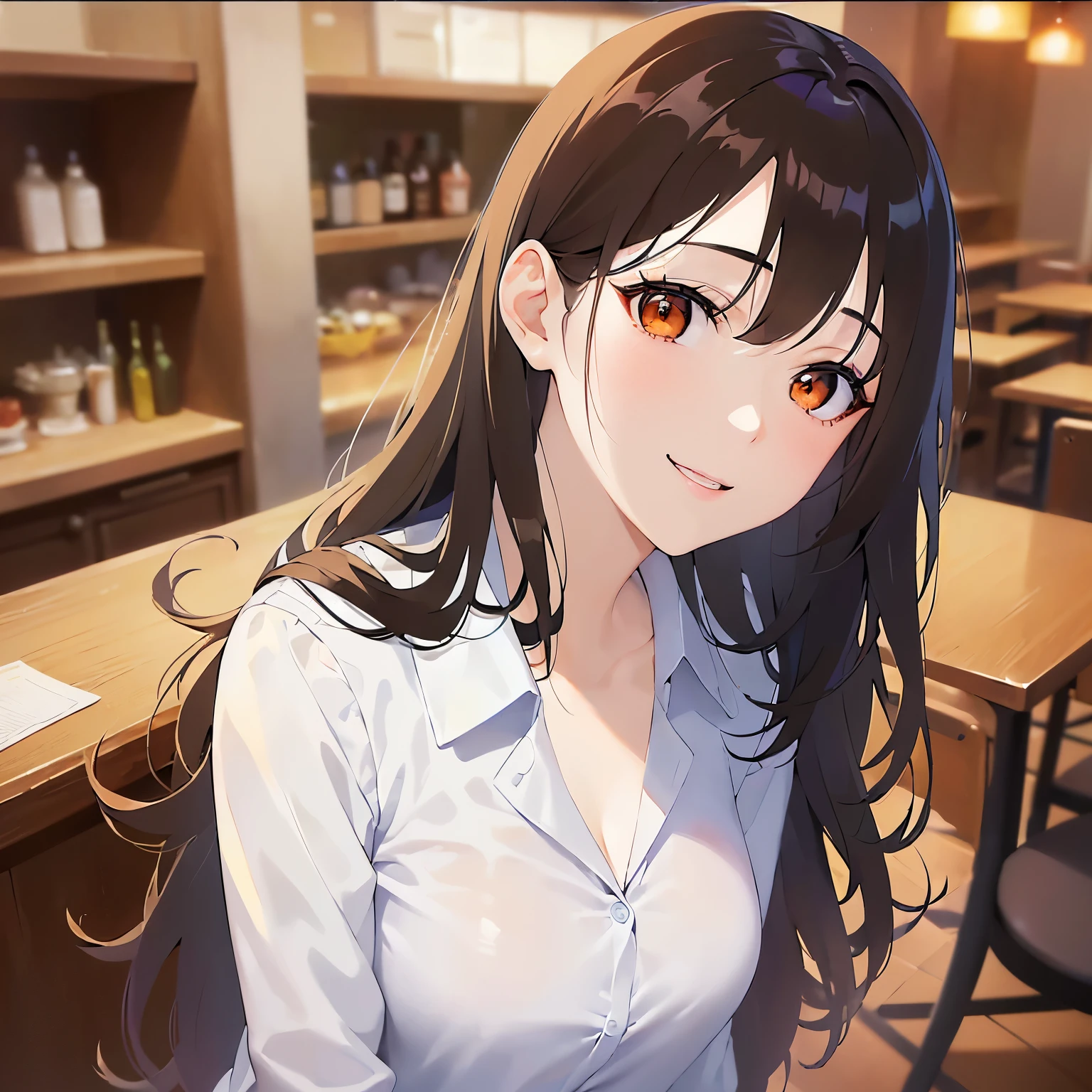 Close-up of your face、side angle, (pale skin: 1.2), shiny skin, shiny hair、(A 25-year-old woman with medium-length hair and bangs) and (wavy hair) and (brown hair) and (orange eyes) , white collared shirt, smile, The background is the interior of a restaurant at night.、Alone、Are standing