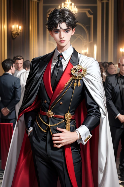 
masterpiece, 最high quality, high quality, 1 boy, alone, Male focus, Watching the audience,  Messy black hair, Adorable big blue eyes, White, Noble, Noble,A sexy, voluminous, puffy cape、tuxedo、A very voluminous, large, very large, very large, long, long red and black cape with a high stand-up collar, made of a lot of fabric that reaches down to the floor., 17 years old,Cute beautiful boys,Cute, cute, kind, handsome guy