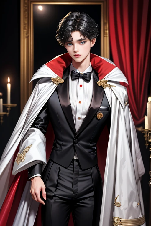 
masterpiece, 最high quality, high quality, 1 boy, alone, Male focus, Watching the audience,  Messy black hair, Adorable big blue eyes, White, Noble, Noble,A sexy, voluminous, puffy cape、tuxedo、A very voluminous, large, very large, very large, long, long red and black cape with a high stand-up collar, made of a lot of fabric that reaches down to the floor., ************,Cute beautiful boys,Cute, cute, kind, handsome guy